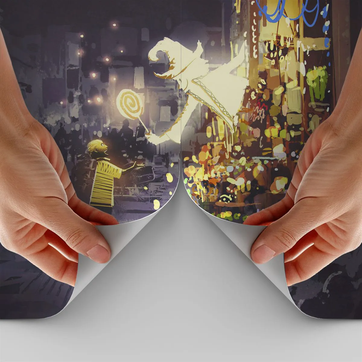 Papel de Parede Standard Eco - Uma cena noturna fantástica com um vendedor mágico e uma criança - 100x70cm - Os feitiços existem - Decoração de parede moderna para a sala de estar e quarto ARTTOR