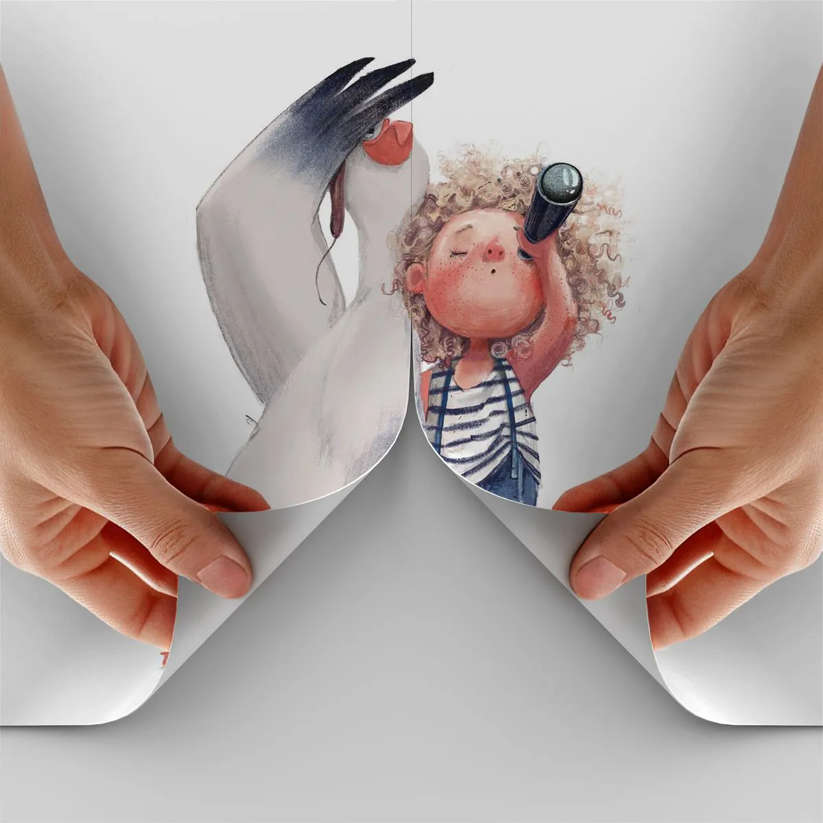 Fotomural Standard Eco - Adorable ilustración de un niño con un telescopio y un pelícano. - 100x70cm - Un plan para un gran viaje - Decoración de pared moderna para salón y dormitorio ARTTOR