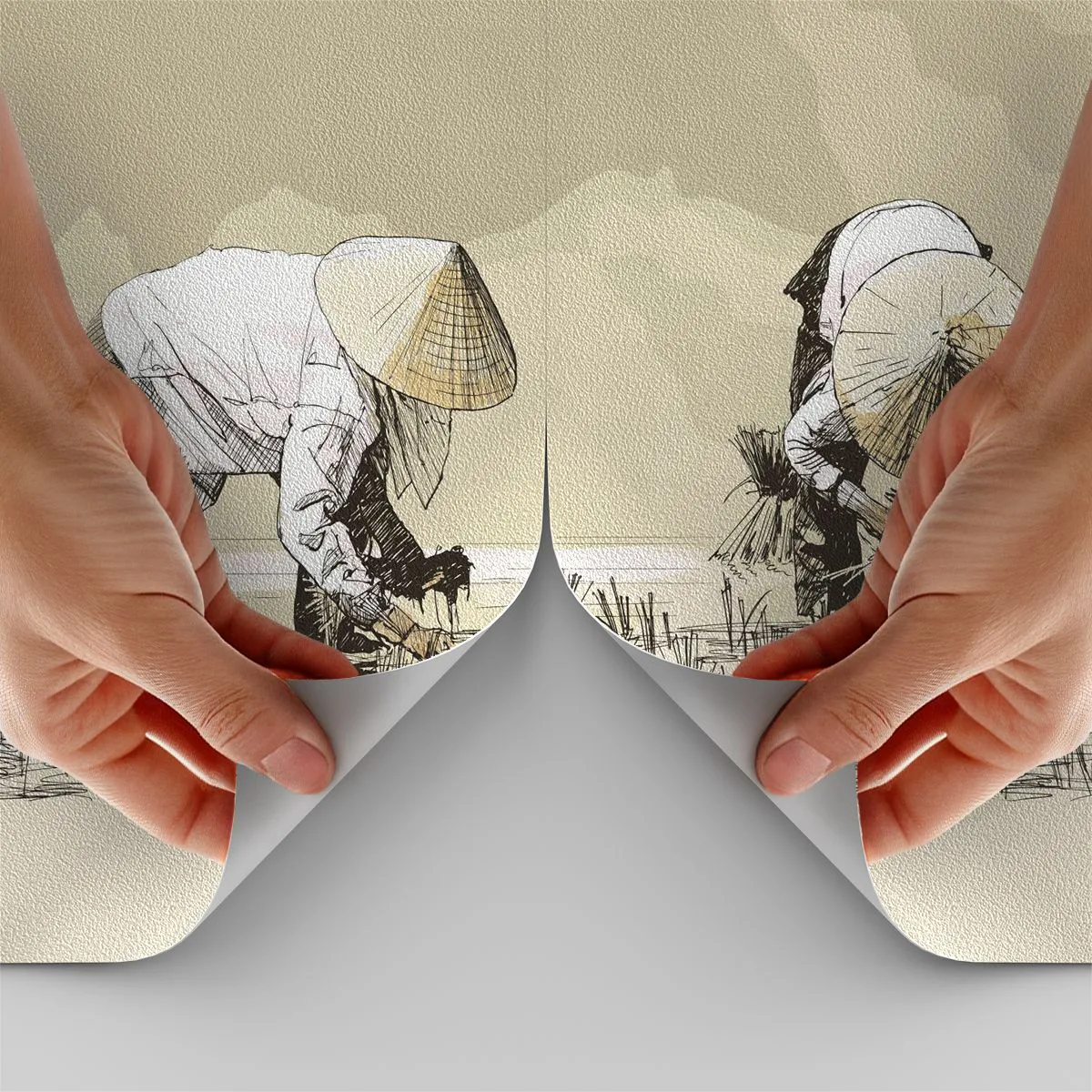 Papel de Parede Premium Sand - Boa colheita  - Ásia, Plantação de Arroz, Arrozal - 100x70 cm