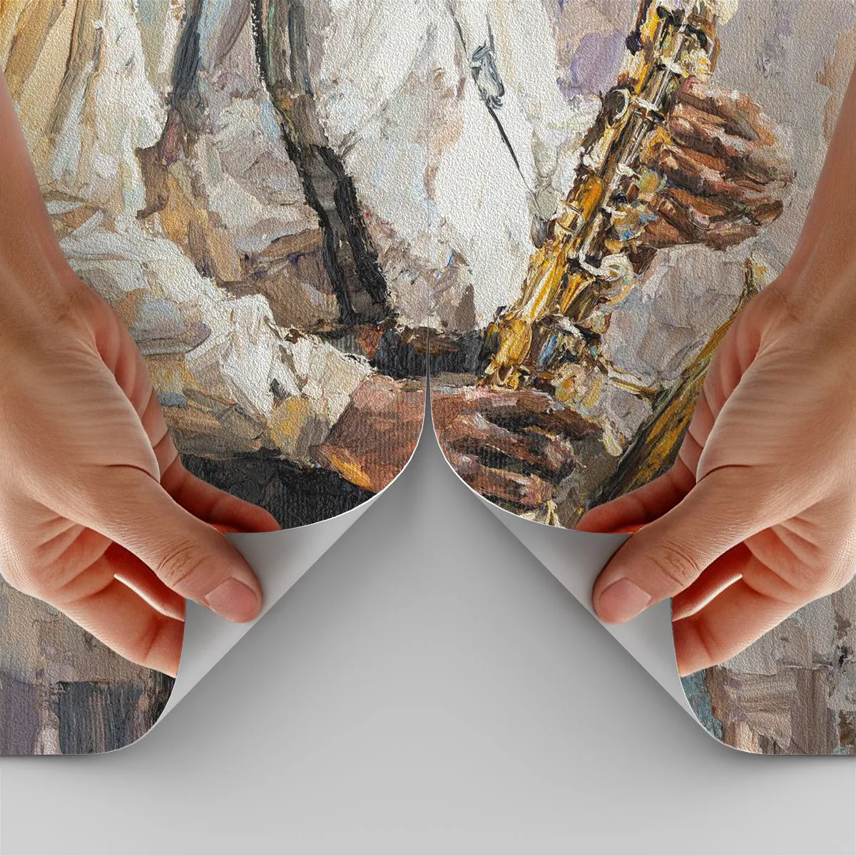 Papier Peint Photo Premium Sand - Un musicien jouant du saxophone dans un style impressionniste - 100x70cm - C'est l'heure du solo - Décoration murale moderne pour le salon et la chambre ARTTOR