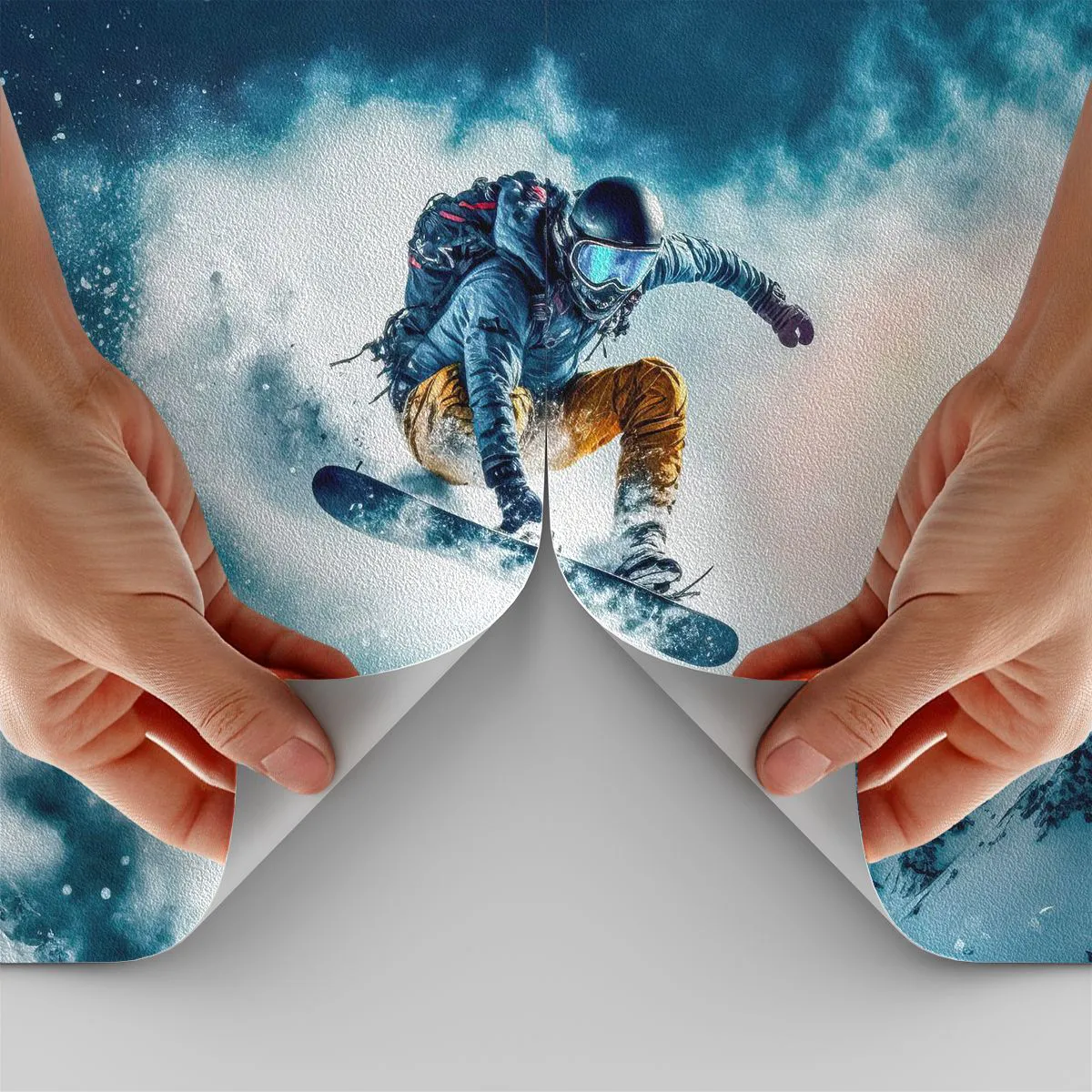 Papier Peint Photo Premium Sand - Un snowboarder survole des montagnes enneigées - 100x70cm - Des émotions extrêmes - Décoration murale moderne pour le salon et la chambre ARTTOR
