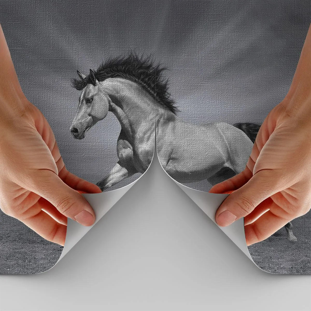 Fototapete Premium Canvas - Ein schwarz-weißes Pferd in einer dynamischen Pose in der Wüste. - 100x70cm - Geboren um Freude zu bereiten - Moderne Wanddekoration für Wohnzimmer und Schlafzimmer ARTTOR