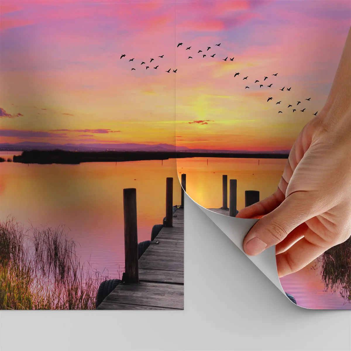 Papel de parede personalizado Adesivo Deluxe Sticker - Silenciosa Alvorada Violeta - Paisagem, Lago, Natureza