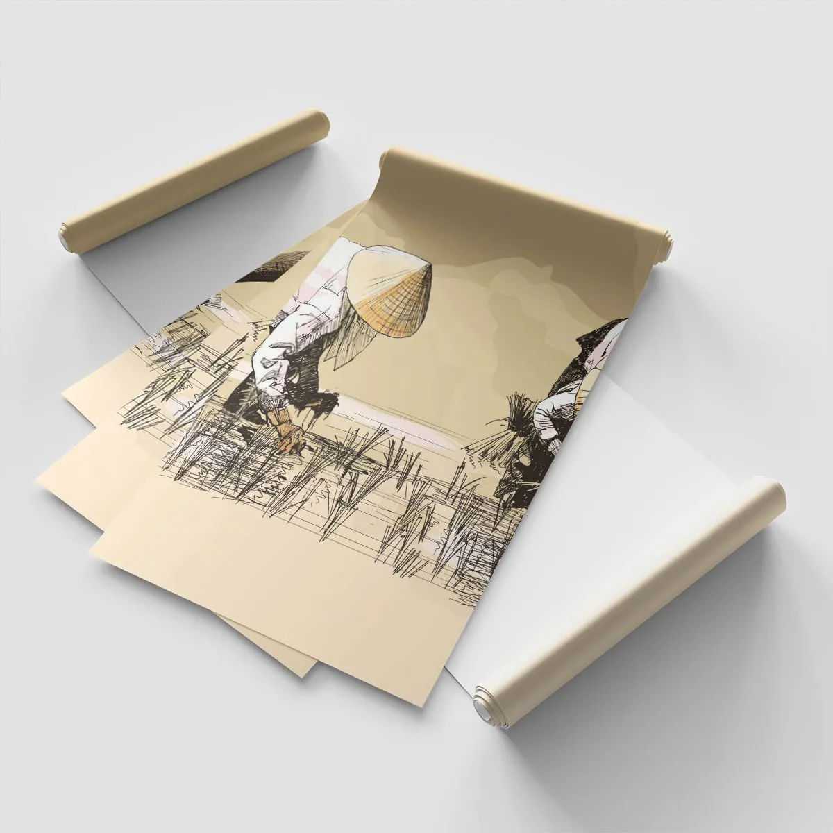 Papel de Parede Premium Sand - Boa colheita  - Ásia, Plantação de Arroz, Arrozal - 100x70 cm