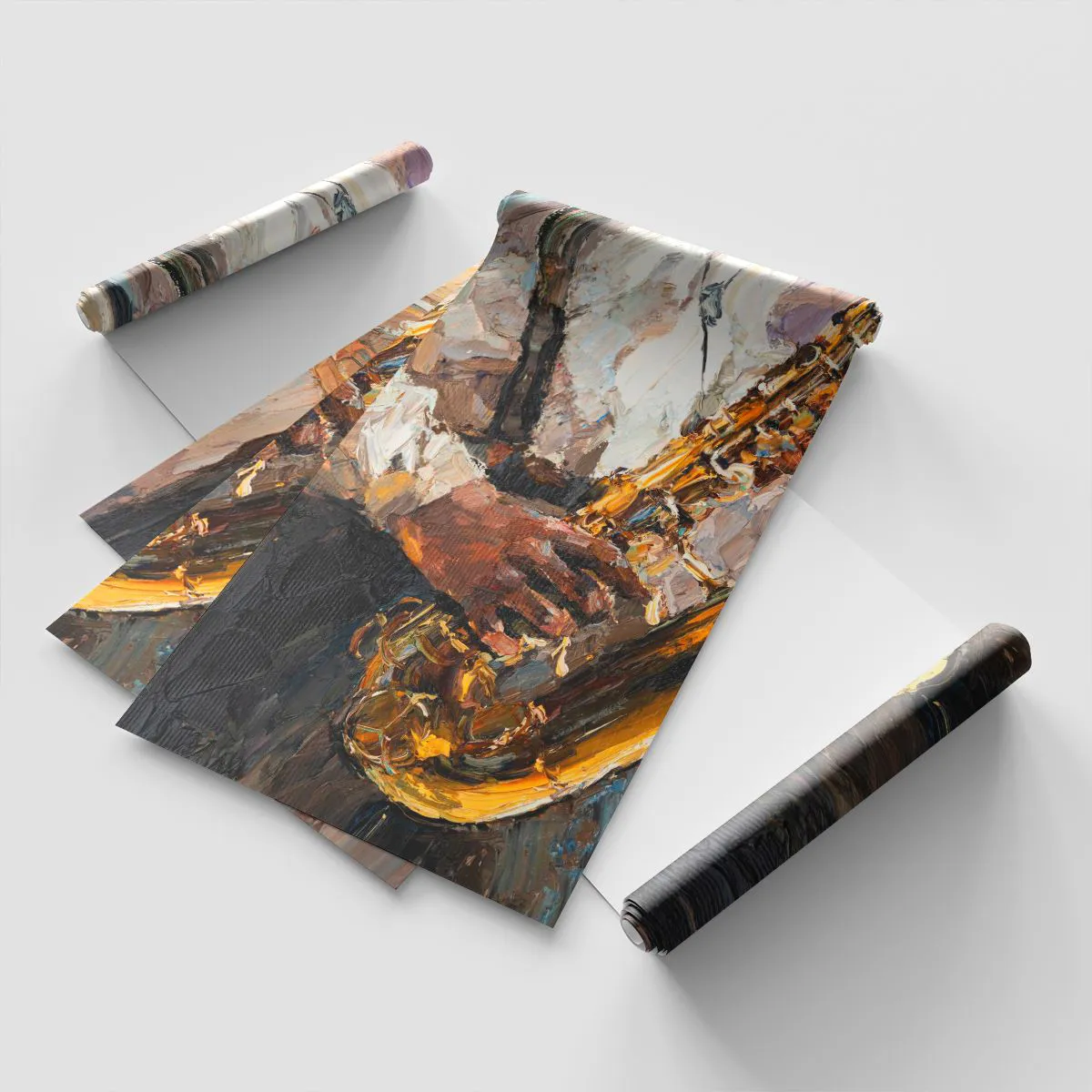 Papier Peint Photo Premium Sand - Un musicien jouant du saxophone dans un style impressionniste - 100x70cm - C'est l'heure du solo - Décoration murale moderne pour le salon et la chambre ARTTOR