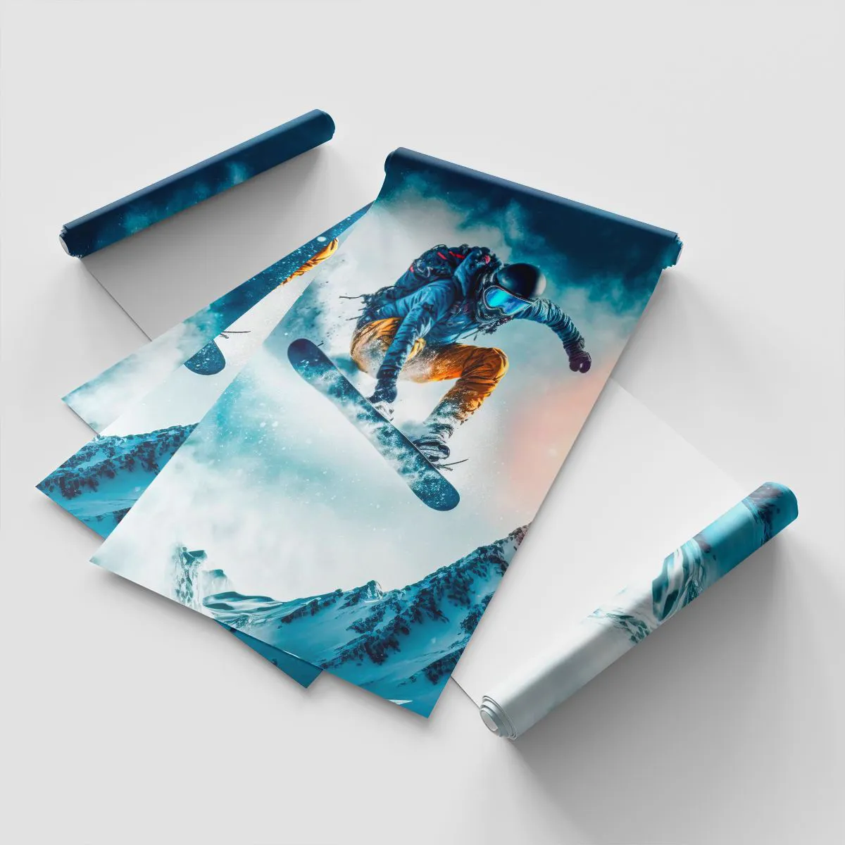 Papier Peint Photo Premium Sand - Un snowboarder survole des montagnes enneigées - 100x70cm - Des émotions extrêmes - Décoration murale moderne pour le salon et la chambre ARTTOR